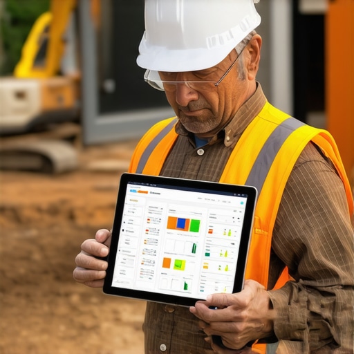 Person managing home renovation progress via tablet at construction site