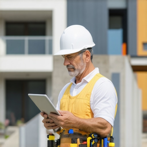 Homeowner using digital tools for property maintenance Person inspecting construction site with digital tablet, ensuring maintenance and quality control