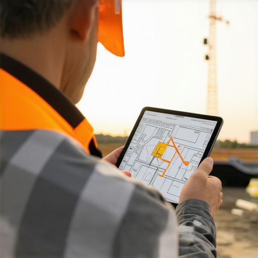 A person managing construction plans on a tablet while using a laser distance measurer on-site.