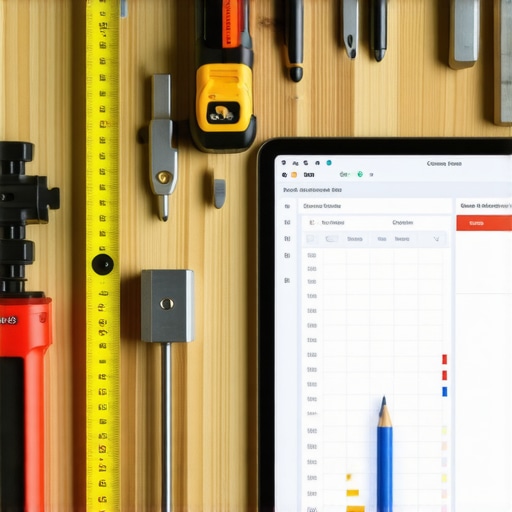 Photo of a construction workspace showing measurement devices, a tablet with project plans, and organized storage bins.