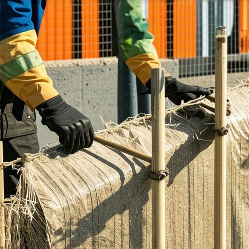Hands placing stakes and attaching fabric in soil for erosion control