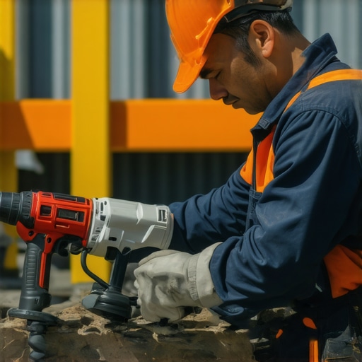 A construction worker inspecting power tools during site maintenance, illustrating tool care and readiness