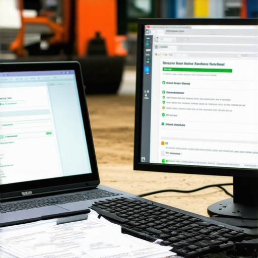 Construction site with permit documents and computer showing permit management portal.