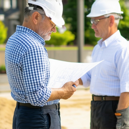 Homeowner and contractor discussing construction progress with blueprints outdoors.