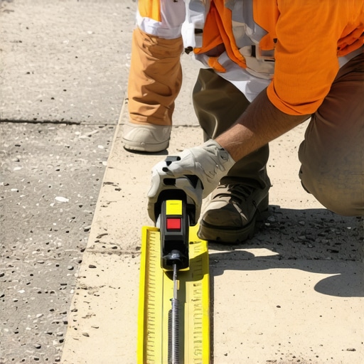 Homeowner using laser level to measure driveway grade during project.