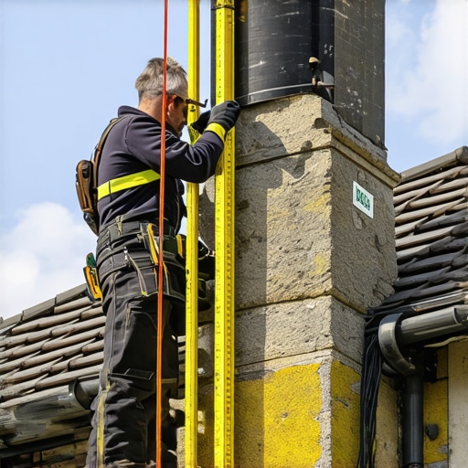 Person using a laser level to measure chimney height from the roof