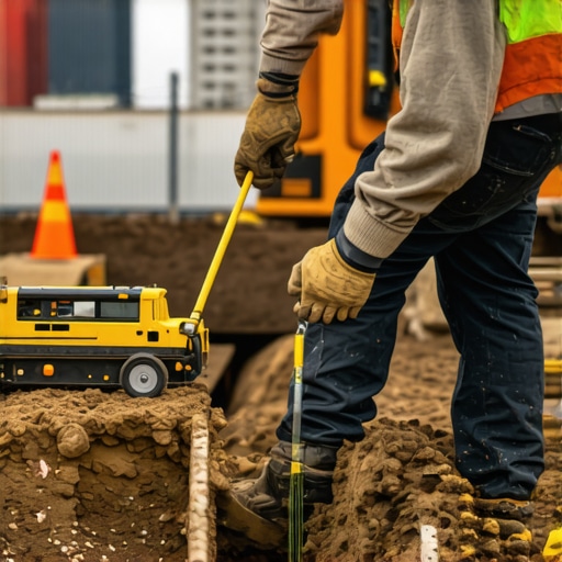 Worker measuring trench depth with tools on a construction site.