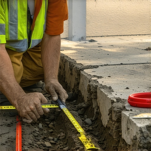 Measuring trench depth for electrical conduit Worker measuring trench depth with a tape measure during driveway wiring project.