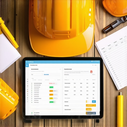 Modern Construction Estimation Tools in Action A construction worker using a tablet with estimation software at a site.