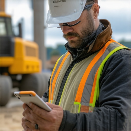 Construction manager reviewing project plans on tablet with digital management software