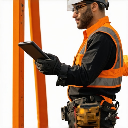 A construction worker using digital measurement tools on a site