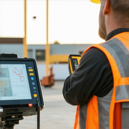 A construction professional measuring distance with a laser device on a building site.