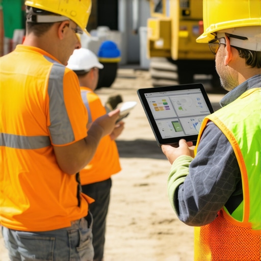 Modern Construction Site Management Construction professionals using tablets and equipment for project coordination.