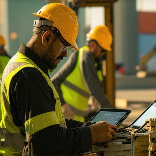 Modern Construction Site with Digital Tools Construction workers managing tools and digital systems at a building site