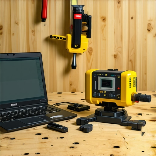 Construction workspace with laser measure, laptop, and tools emphasizing maintenance and technology.