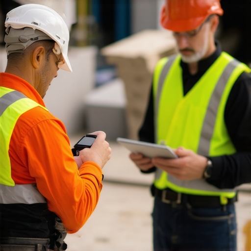 Workers using tablets with digital blueprints on a construction site.