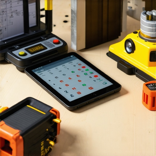 Construction workers using tablets and laser levels at a busy construction site.