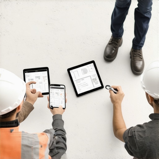 Construction workers using digital planning and measurement tools at a site.