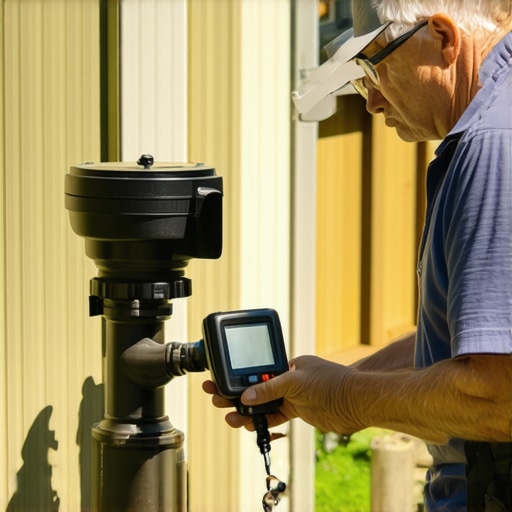 Homeowner inspecting sump pump and discharge pipe with digital monitor