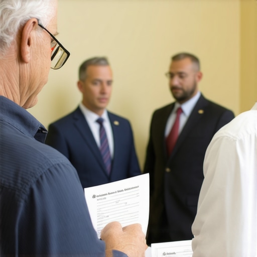 Homeowner discussing permit paperwork with officials at city hall.