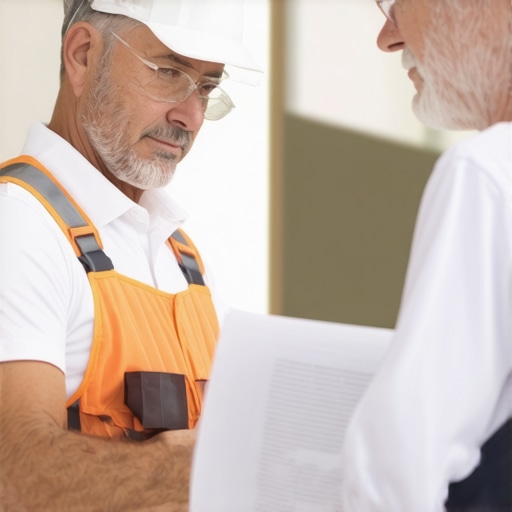 Navigating Permits and Regulations Homeowner discussing permit paperwork with a building inspector at a construction site.