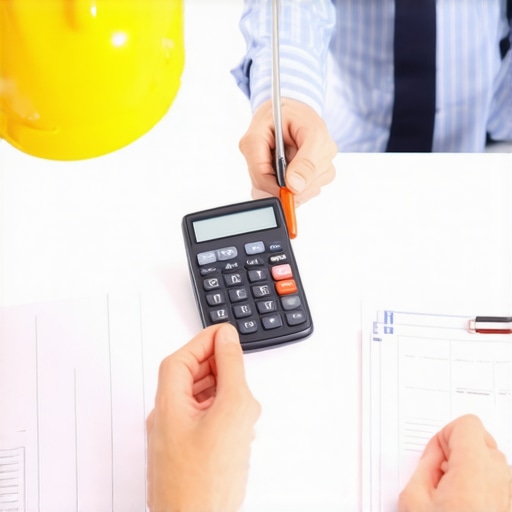Contractor discussing delivery fees with supplier using documents and calculator.