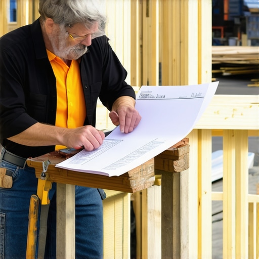 Construction worker examining framing plans amidst building materials