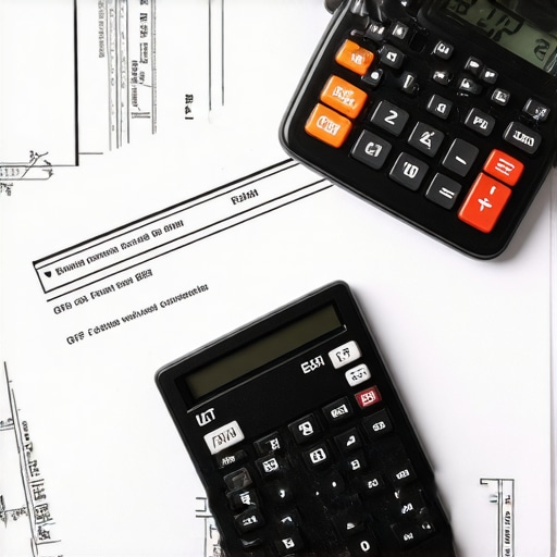 Permit Documentation and Estimation Tools Construction project desk showing permits, blueprints, and a calculator.
