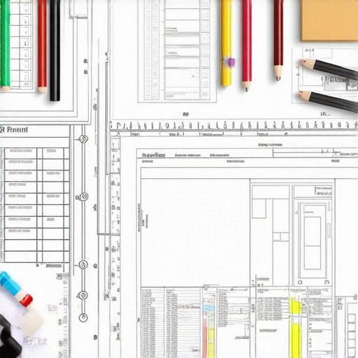 Construction project planning documents with permits and blueprints on a table.