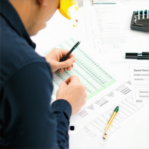Homeowner and contractor reviewing outdoor kitchen plans with permits and estimation documents.