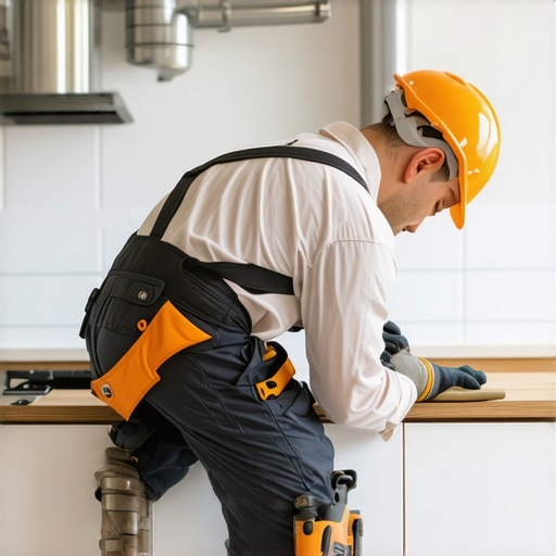 A licensed plumber carefully installing a vent pipe for a kitchen island sink, following code requirements.