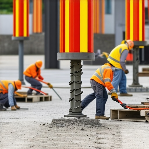 Workers installing foundation anchors with measurement tools and proper equipment.