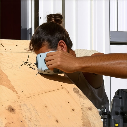 A construction worker carefully nailing shear plywood sheets with a measuring tape and pneumatic nailer, ensuring correct spacing.