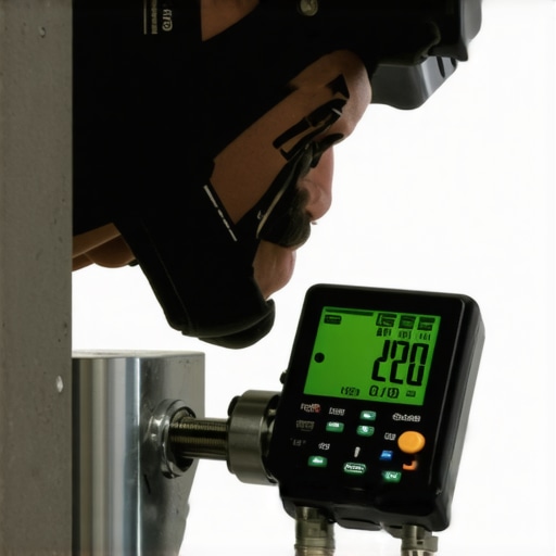 Plumber using digital level to measure pipe slope in a basement bathroom