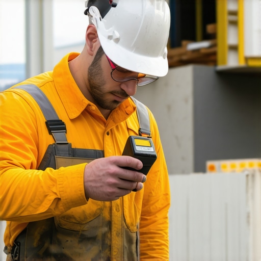 Worker measuring a building component with a laser distance meter for project upkeep.