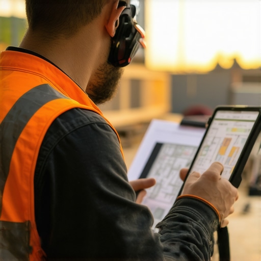 Precision Tools for Construction Maintenance Worker measuring distance at construction site with laser tool and digital device