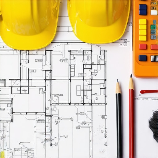 Project management coordination on-site Construction site with digital tools and blueprints