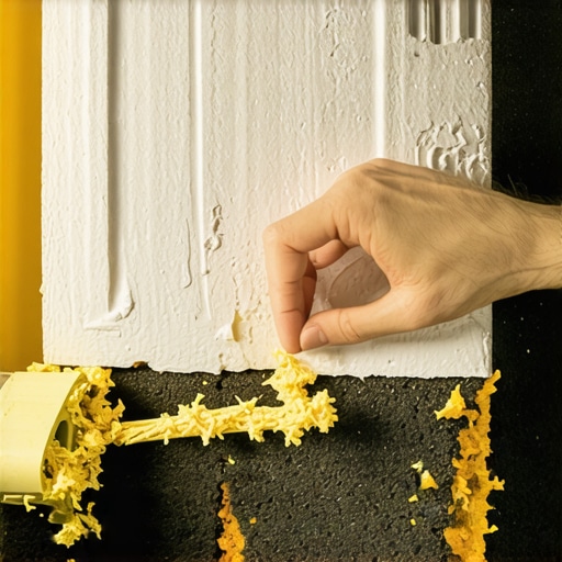 Worker installing mineral wool insulation as fire-blocking in wall opening