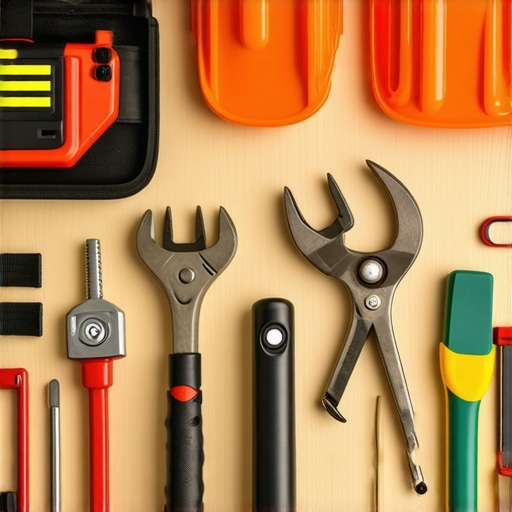 Organized construction tools and safety equipment on a workbench, emphasizing maintenance and readiness