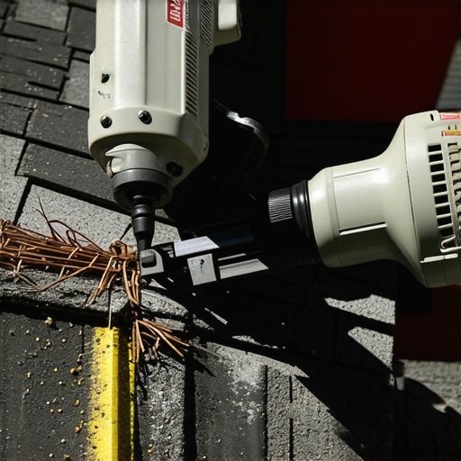 Proper Roofing Nail Placement in High-Wind Conditions Close-up of nail gun nailing shingles with precise placement for wind resistance.