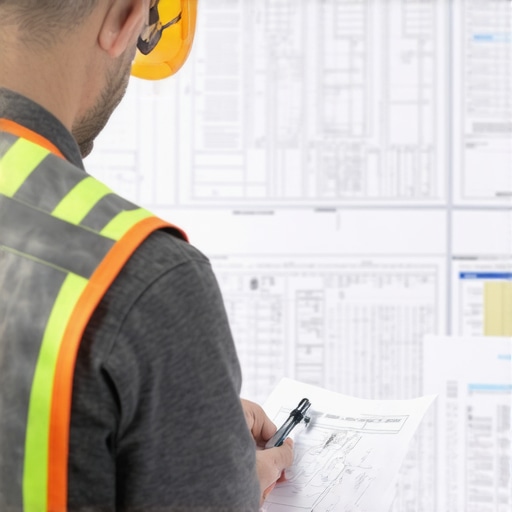 Reviewing Construction Permits and Plans Construction site manager examining permit documents with blueprints and site plans.