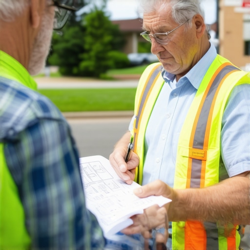 Homeowner discussing land survey plans with a building official outdoors.