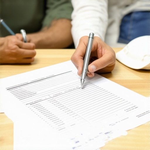 Homeowner and contractor discussing permit fees over printed schedule.