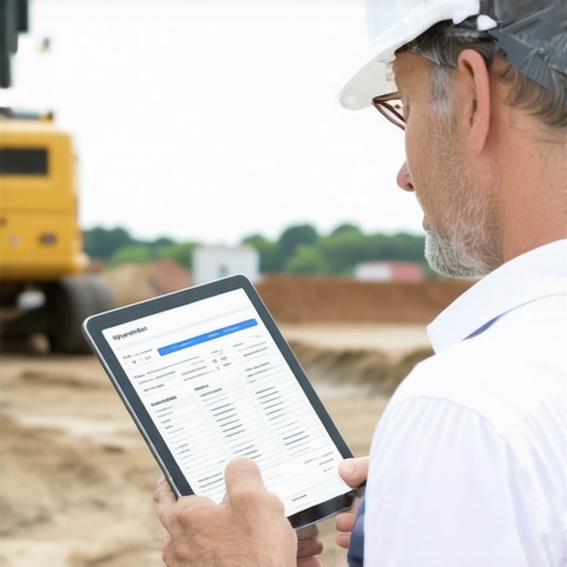Construction worker analyzing permit documents on a tablet at the site