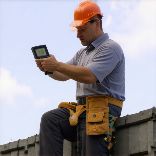 A construction worker uses a digital inclinometer to measure roof slope on a house.