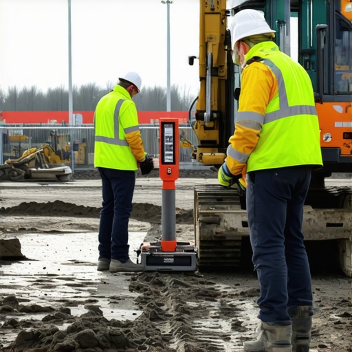 Technicians performing soil density tests with a nuclear gauge on a construction site.