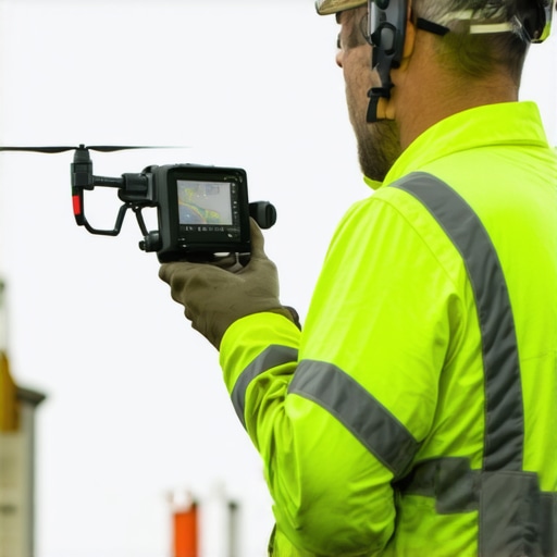 Tech-Driven Construction Site Inspection Construction supervisor using thermal camera and drone for project monitoring