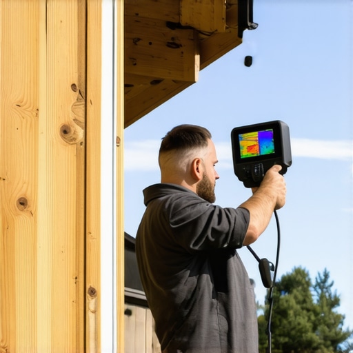 Thermal imaging inspection of home insulation Person holding a thermal imaging camera, inspecting an exterior wall for insulation gaps and moisture leaks