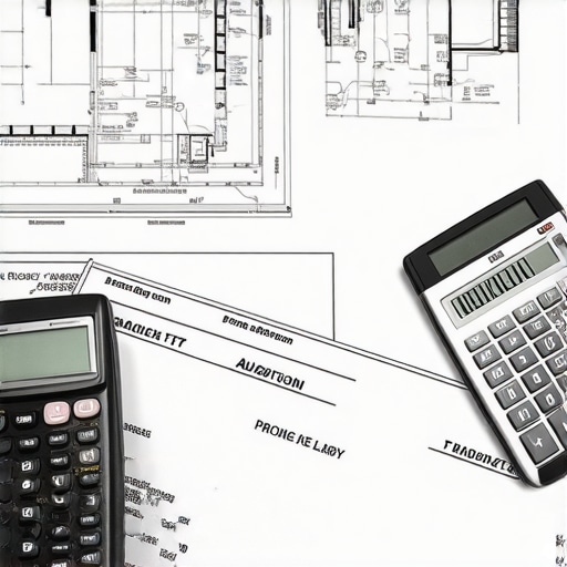 Construction site planning documents with permits and calculator