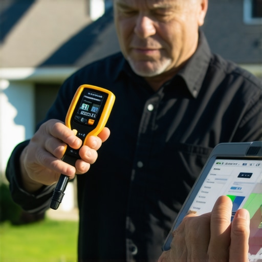 Homeowner performing property check using diagnostic tools and software for ongoing maintenance.